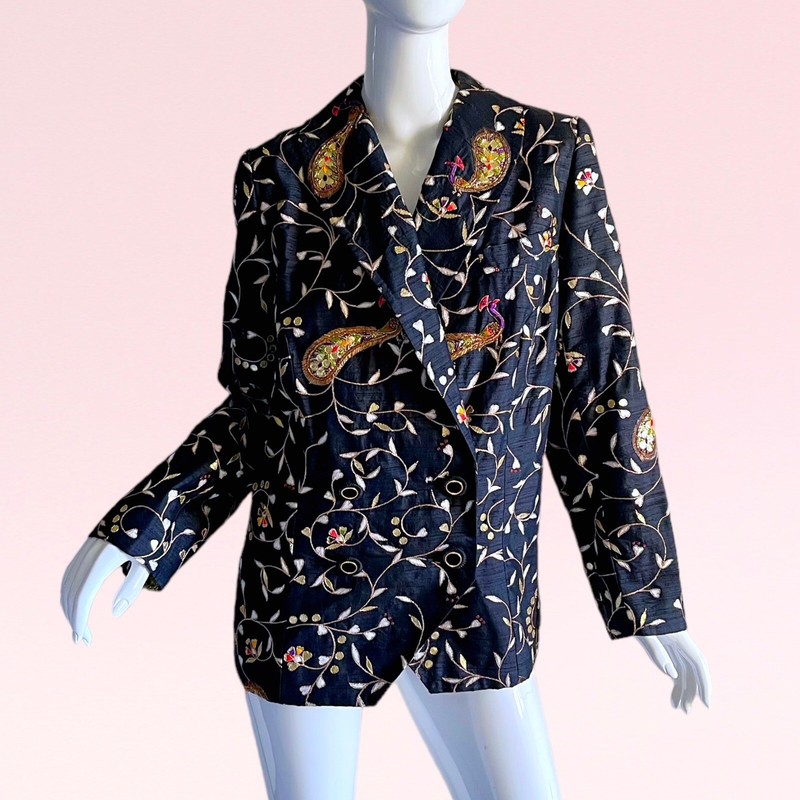 1980s Vtg Indian Sequin Silk Metallic Peacock Zardozi Evening Tuxedo Jacket L