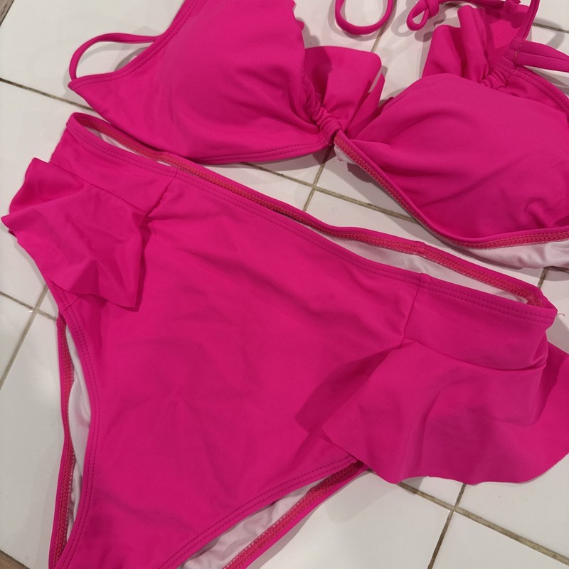 SPORLIKE Women Ruffle High Waist Swimsuit Bikini Pink Size Large gallery