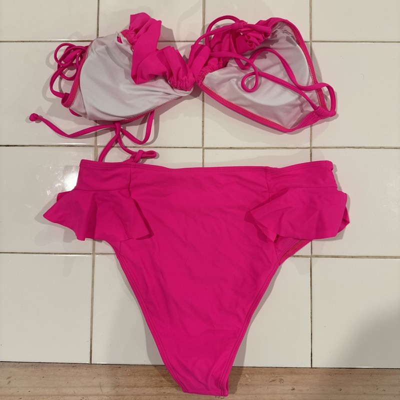SPORLIKE Women Ruffle High Waist Swimsuit Bikini Pink Size Large gallery