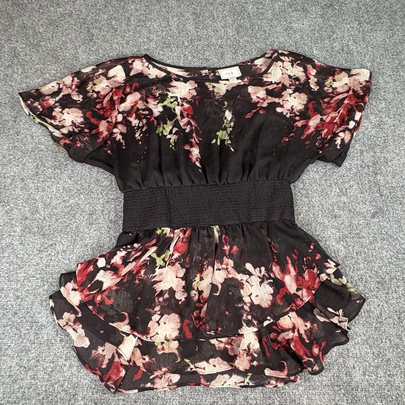 ECI New York Top Womens M Black Red Floral Peplum Ruffle Fairy Boho Whimsigoth gallery