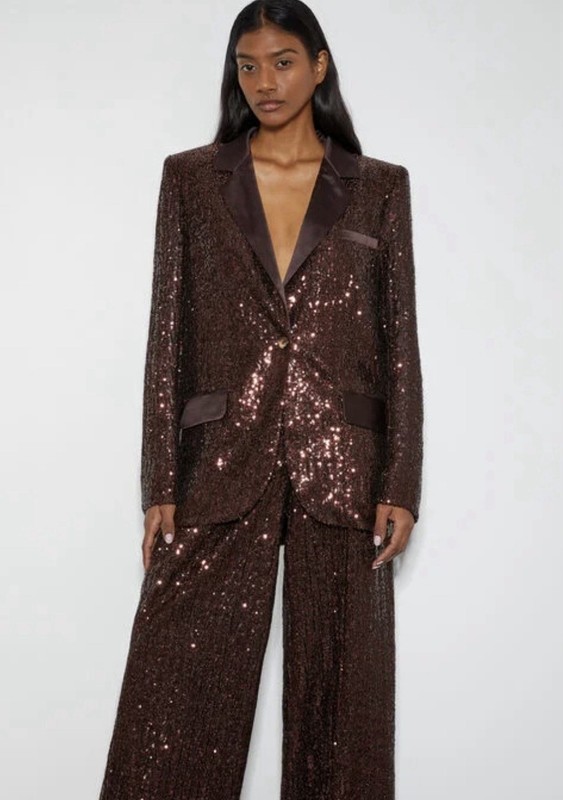 Monsoon Size 20 Bronze Brown Sequin Blazer Jacket Satin Trim Evening Occasion J5