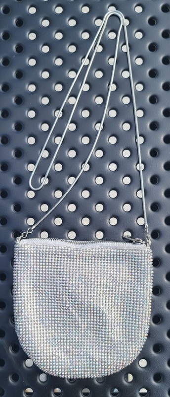 Urban Outfitters Silver Rhinestone Crescent Crossbody Bag Zip, Detachable Strap