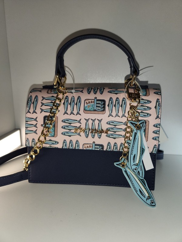 NWT BETSY JOHNSON SATCHEL CROSSBODY BAG NAVY W SARDINE CHARM KEYFOB Viral