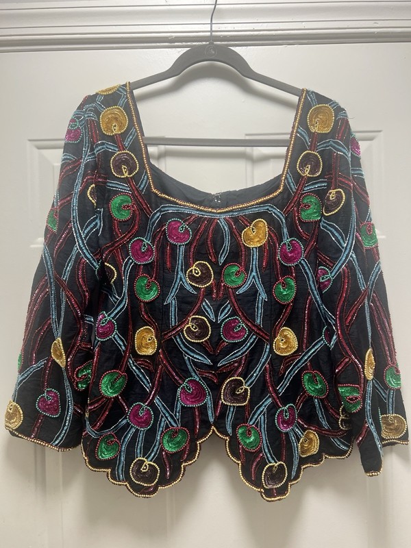 VTG Beaded Beaded Sequin Scallop Hem Festival Shirt Top Sz M Bling Boho