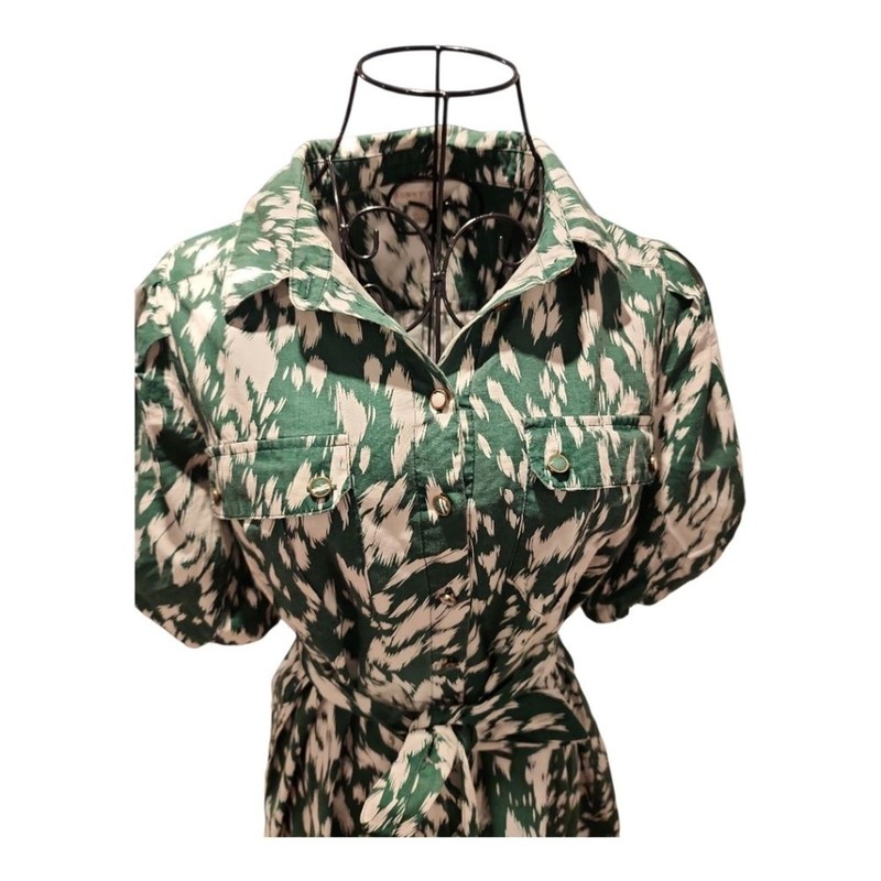 Sunny Girl Shirt Dress Sz US 4 Green Abstract Ikat Print Puff Sleeve Boho Chic gallery