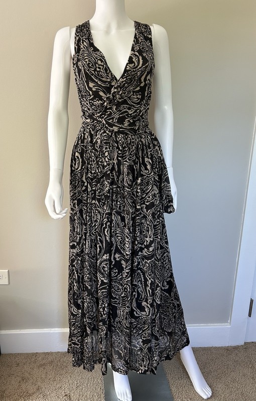 ETRO Milano NWT Silk Paisley Wrap Midi Dress IT 38 US 2 Black Beige Sleeveless