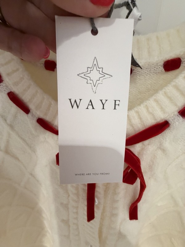 WAYF Ivory Cable-Knit Button-Front Cardigan Sweater Red Ribbon Bow Size S gallery