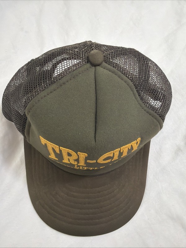 Vintage 80s Mesh Trucker Hat Brown Yellow Tri City Little League Board Member gallery