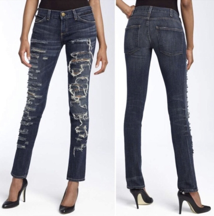 Women’s Current/Elliot Dark Wash Distressed Skinny 26 0 New Worn Shredded Jeans