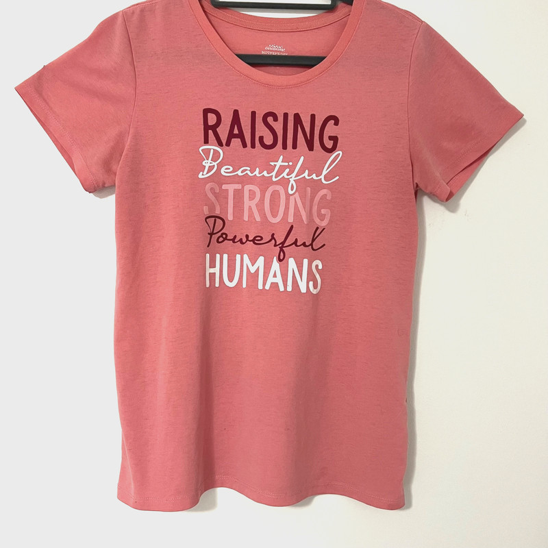 Women’s Small T-Shirt Raising Beautiful Strong Powerful Humans Pink Mom Gift
