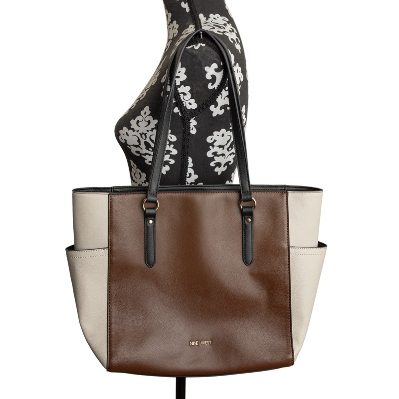 Women's Nine West Colorblock Prudens Brown Cream Handbag Tote EUC - 16x10x4
