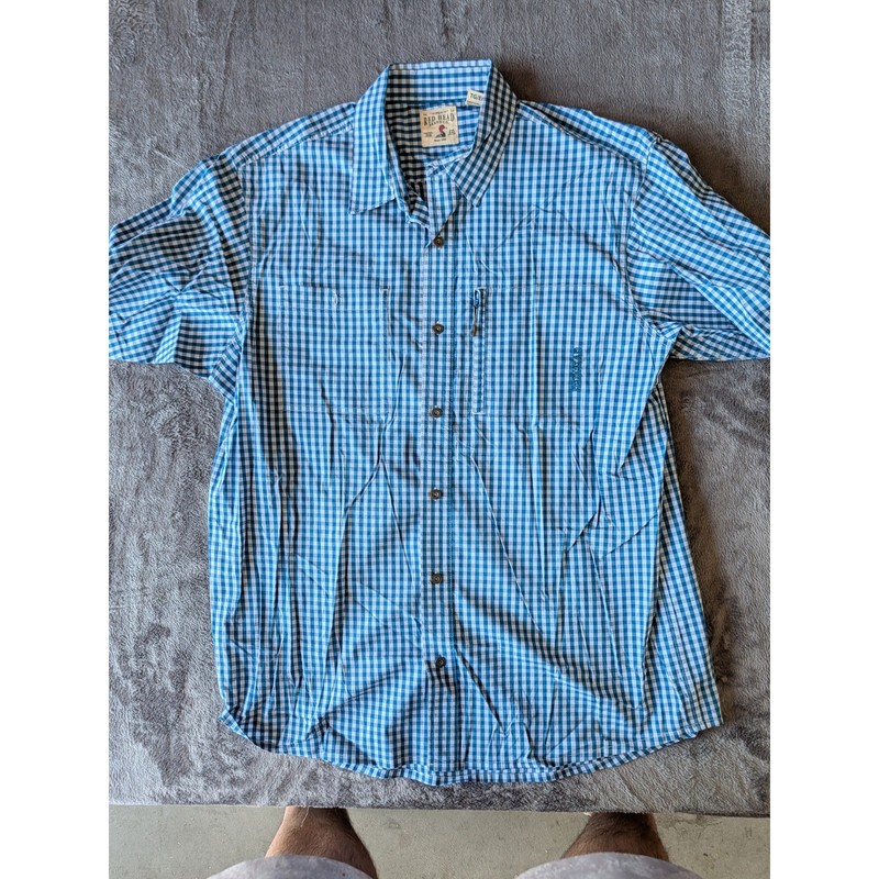 RedHead Mens XL Blue Gingham Short Sleeve Button Down Shirt Zipper Pocket Check