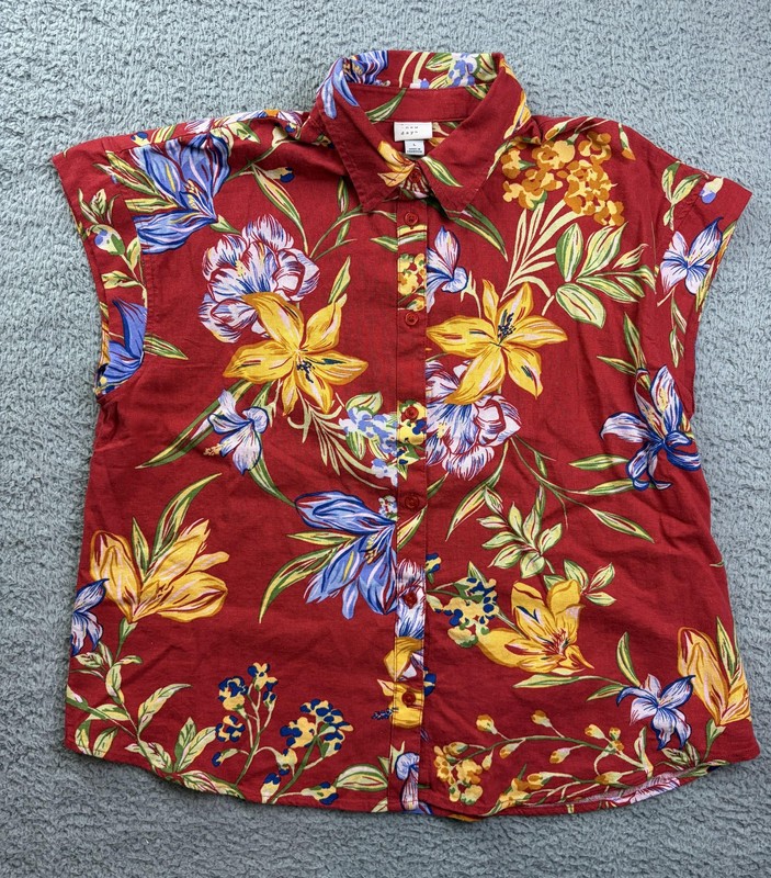 A New Day Blouse Womens Large Red Floral Button Front Collared Linen Tropical