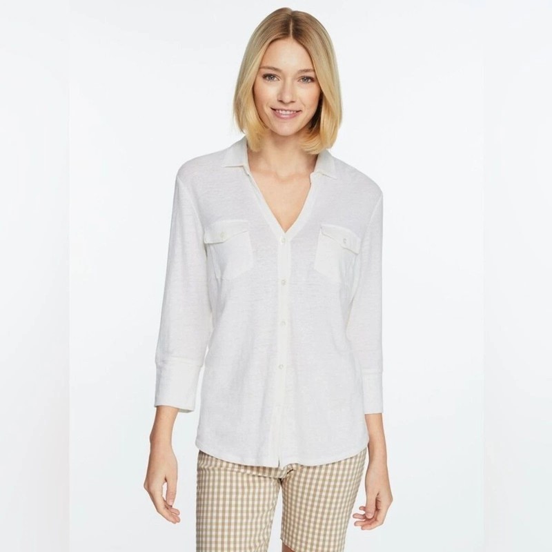NEW Women J. McLaughlin Brynn Linen Stretch 3/4 Sleeve Button Down Shirt White