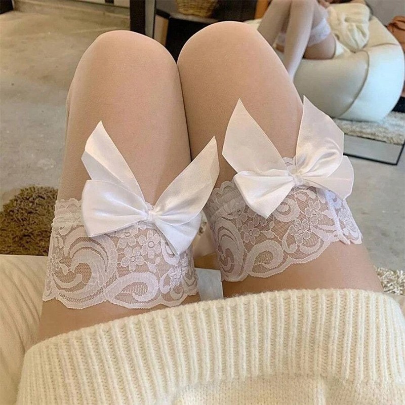 Women Girls Sweet Lolita Elastic Thigh High Lace Bowknot Suspender Knee Socks