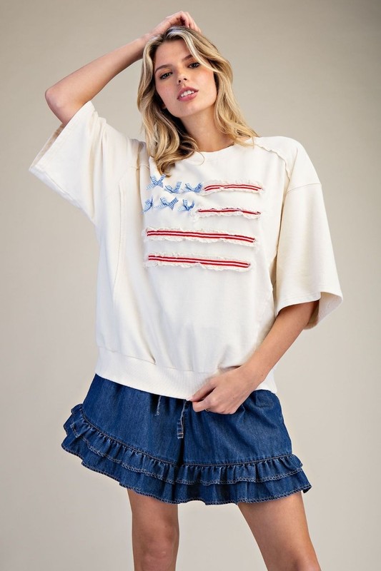 Easel American Flag Bows and Lace Washed Oversized Top Women’s in Ivory