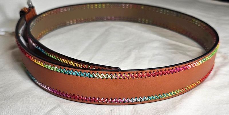 NWT Women's RELIC Bonded Leather Belt XL Rainbow Stitching Accent Brown Tan New gallery
