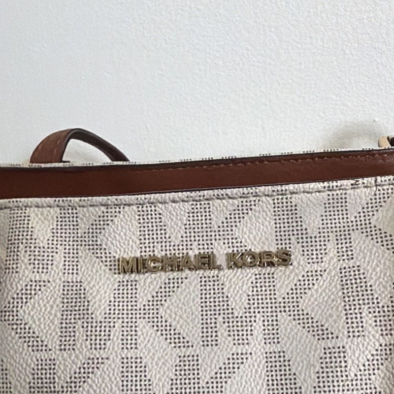 Michael Kors Women’s White/Gray Logo Tote Bag Zip, Gold Hardware, Double Handles gallery