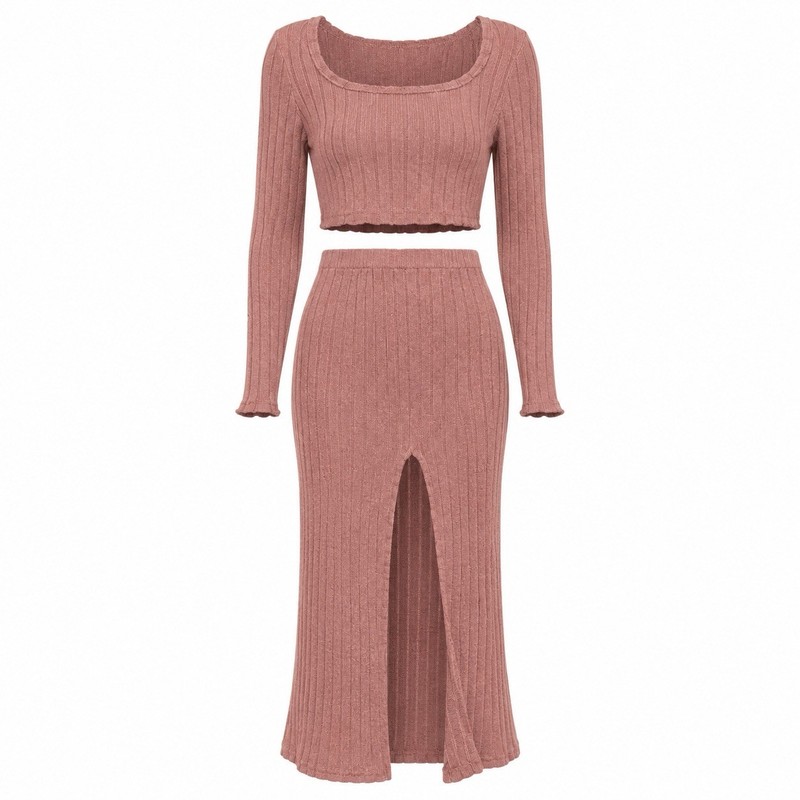 SHEIN Womens Small Ribbed Knit Co Ord Set Pink Long Sleeve Crop Top Maxi Skirt