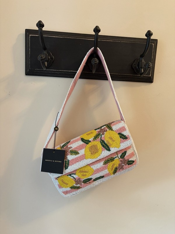 America & Beyond Small Beaded Bag Pink/White Stripe Floral Colorful Casual