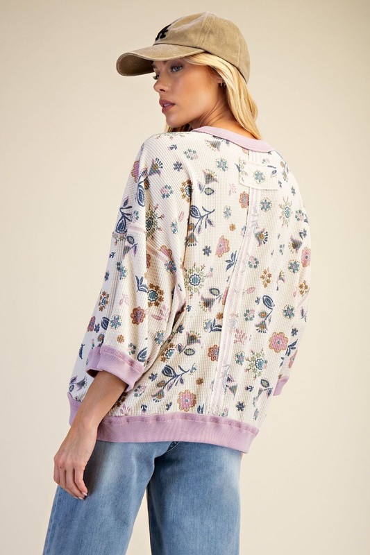 Easel Women's Wildflowers Textured Waffle Knit Top in Lilac Blue gallery