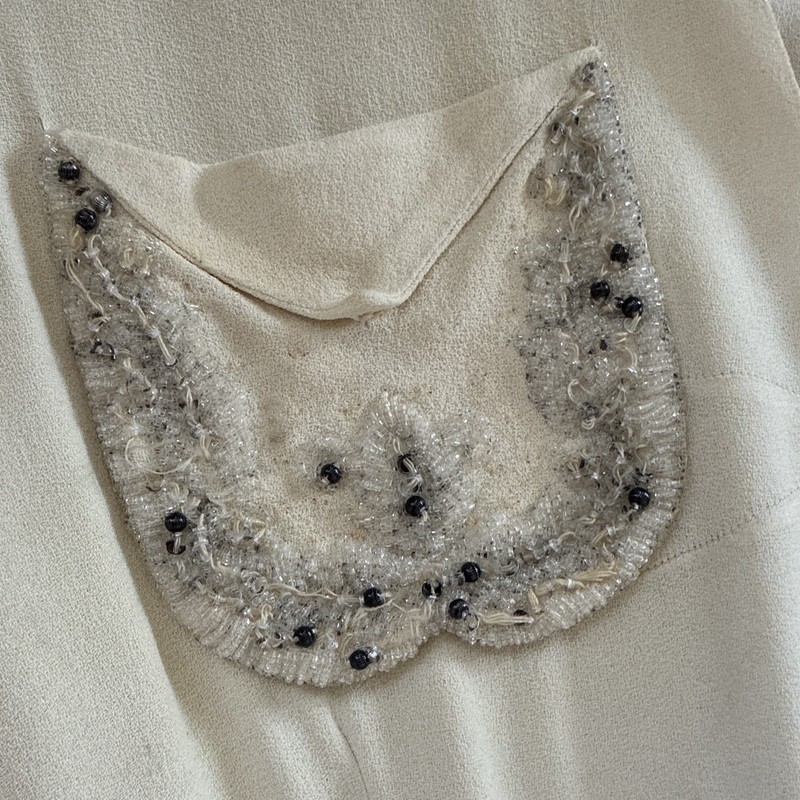 1940's Women's White Crepe A-Line Dress sz S V-Neck Short Sleeve Beaded AS IS gallery