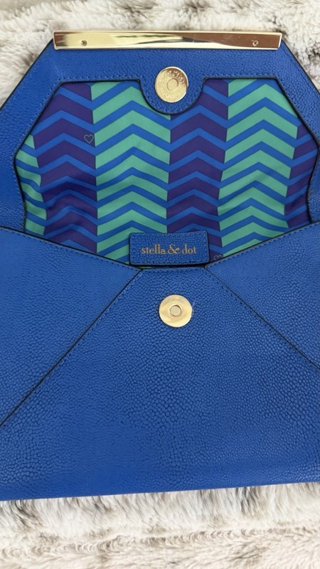 Stella & Dot Slim Envelope Wristlet Clutch Royal Blue Gold Hardware gallery