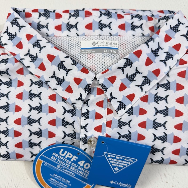 Columbia PFG Mens 2XL Camp Shirt Fish Stars Stripes Red Wht Blue XT0693 Outdoor