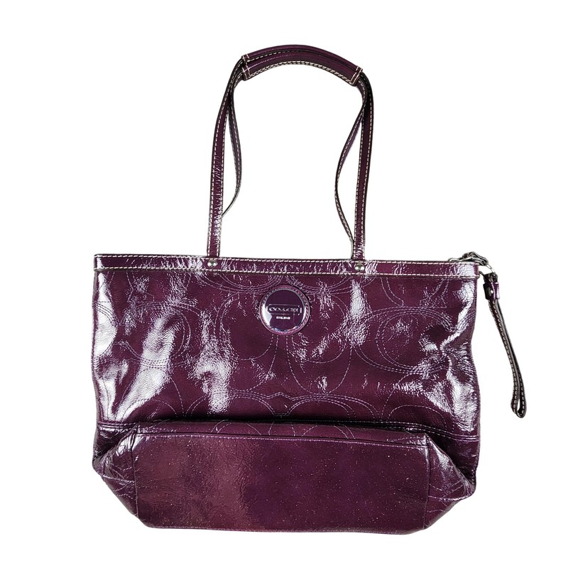 Coach Signature Avary Tote Bag Womens Medium Purple Patent Leather Logo Zip Top