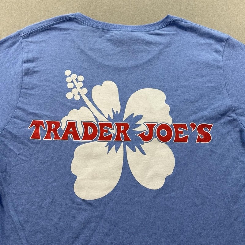 Trader Joes T-Shirt Womens Medium Blue Floral Employee Grocery Logo Short Sleeve gallery