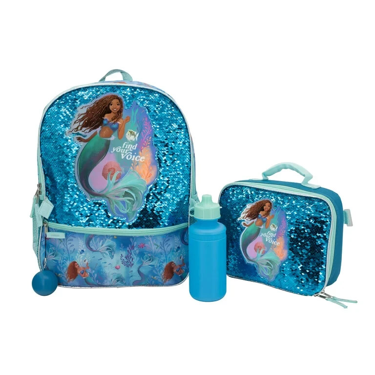 16″ Disney Little Mermaid 4 Piece Backpack School Bag W Lunch Box & Water Bottle