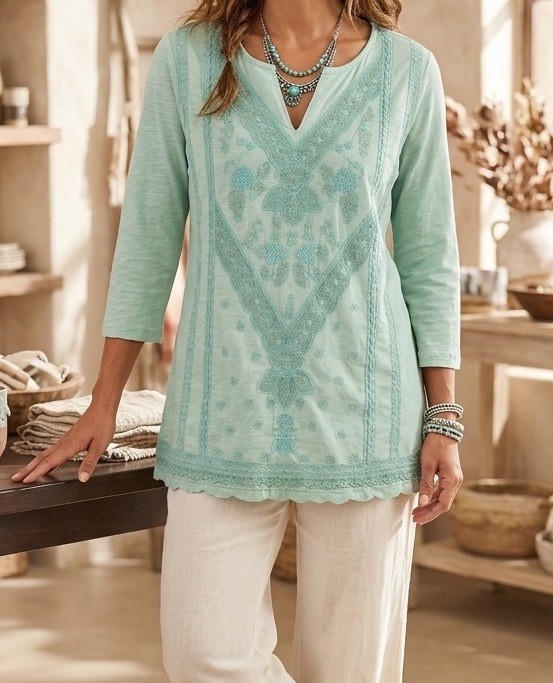 Soft Surroundings Women’s Green Floral Embroidered V-Neck Knit Tunic Top Size S