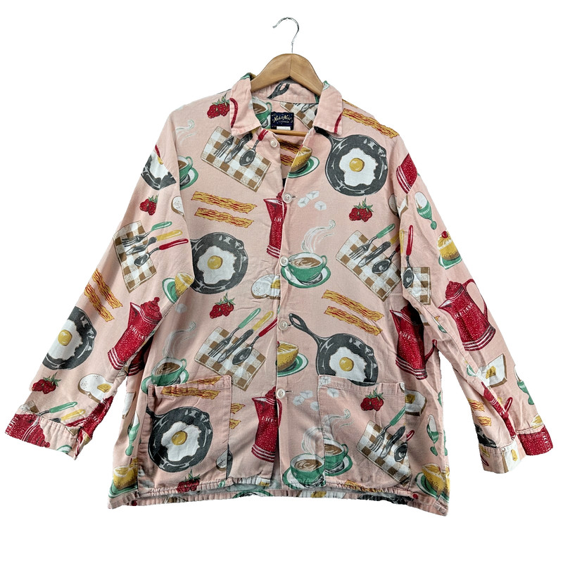 Nick & Nora Pajama Top Pink Breakfast Food Print Size XL Flannel Long Sleeve