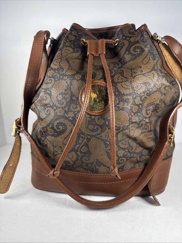 Rare Vintage Large Francois Marot Paris Paisley Brown Leather Bucket Bag NWT