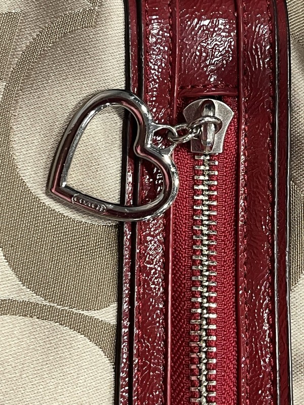 Coach Poppy Signature Tote Shoulder Bag Womens Khaki Red Patent Trim F20026 gallery