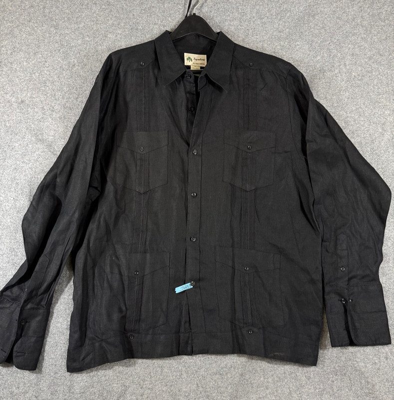 Mojito Signature Co. Guayabera Wedding Shirt Mens XL Black Linen French Cuffs