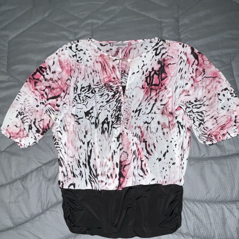 Jennifer Lopez Pink White Black Abstract Pullover V-Neck 3/4 Sleeve Blouse XL gallery