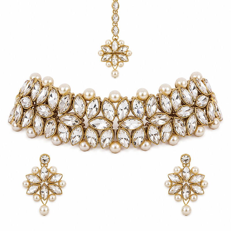 Indian Bollywood Gold Plated Kundan Choker Bridal Necklace Earrings Jewelry Set