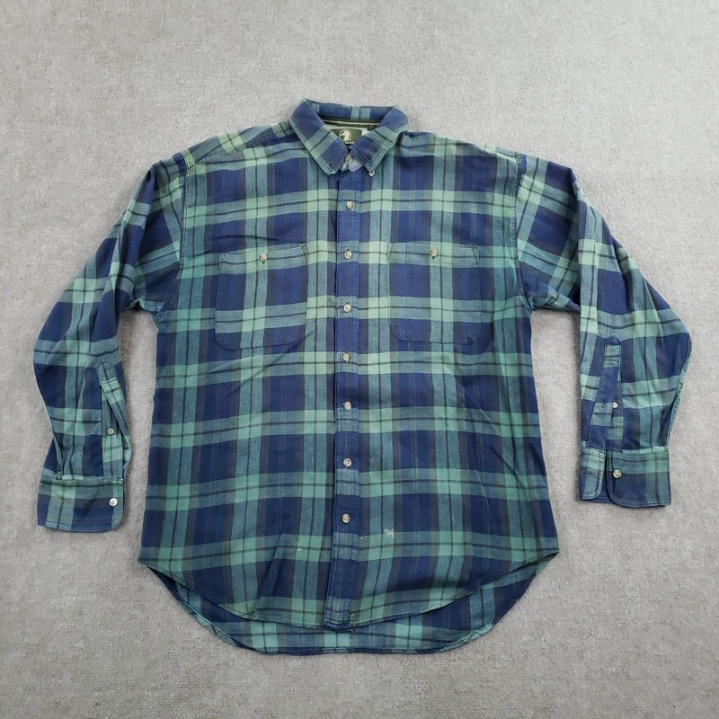 Vtg Duck Head Shirt Men Large Blue Green Plaid Long Sleeve Button Up 100% Cotton