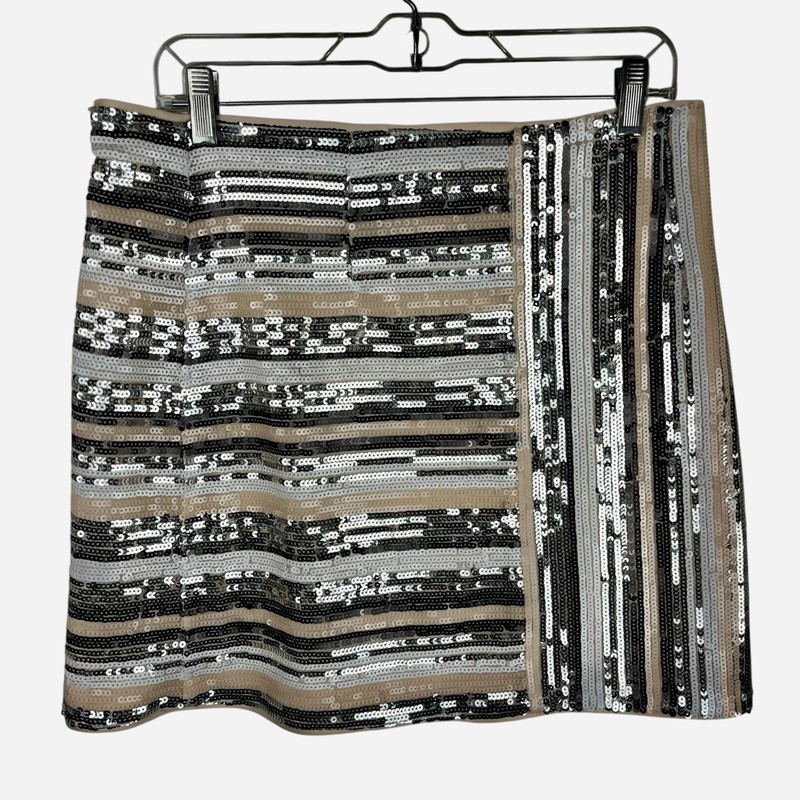 Lumiere Sequins Striped Skirt Black White Silver Nude Back Zipper Size Large