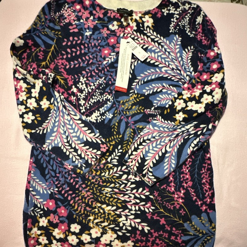 Talbots 100% Cashmere Floral Crew Neck Long Sleeve Pullover Sweater S