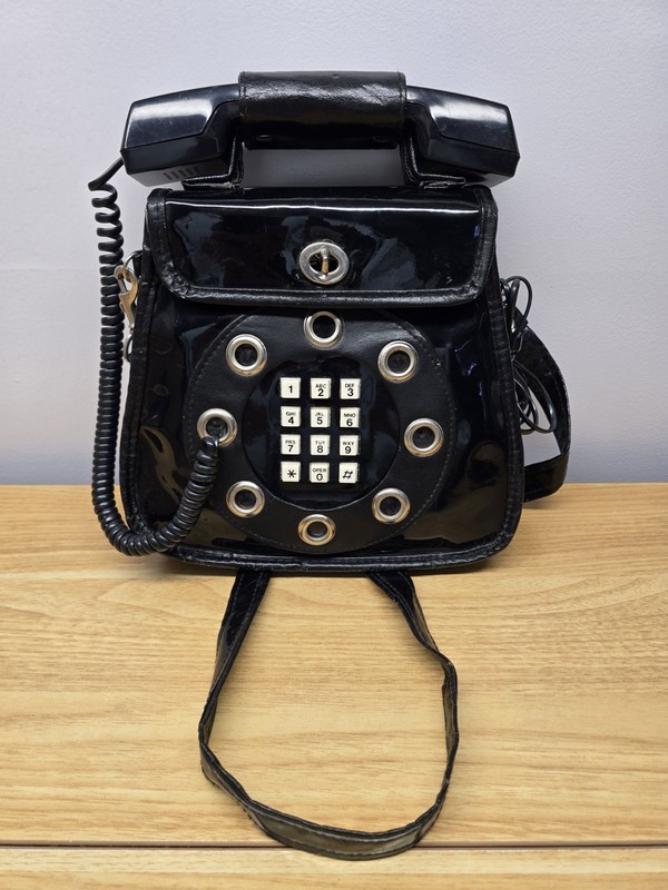 1970’s Black Patent Leather Push Button Dial Telephone Handbag Dallas Handbags