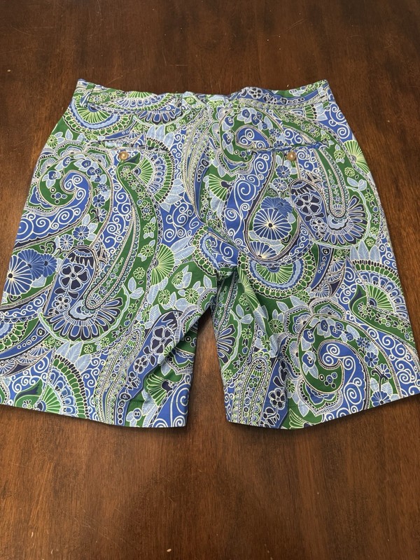J. McLaughlin Men’s Bermuda Shorts Paisley Blue/Green/White Flat Front Pockets gallery