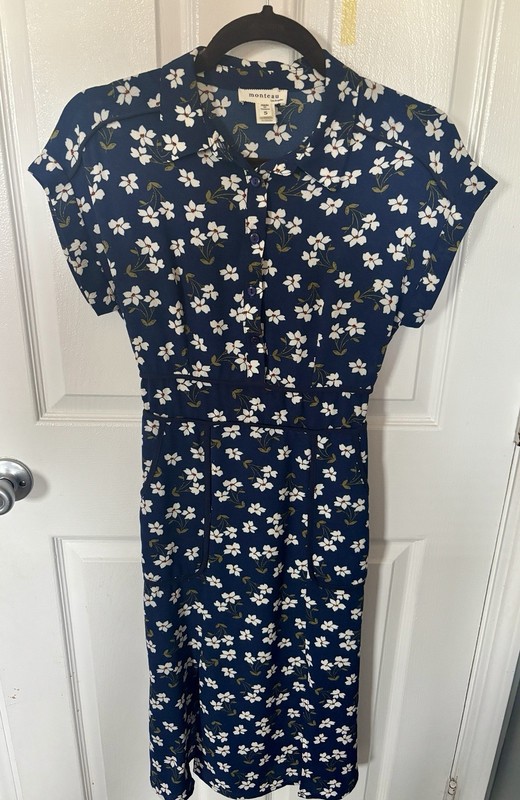 Monteau Nacy White Floral Collared Button Front Sleeve Dress w pockets Size S