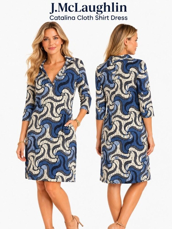J McLaughlin Catalina Cloth Shirt Dress Women Blue Geometric Print XS 3/4 Sleeve