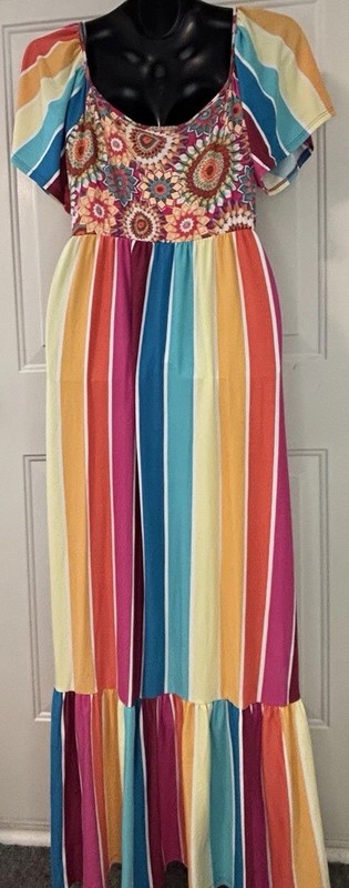 Haptics Holly Harper Maxi Dress L Rainbow Stripe Boho Floral Flutter Sleeve