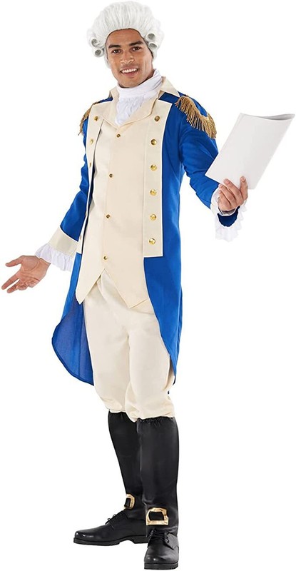 Men`s George Washington Costume + Wig Adult Colonial President Outfit Halloween