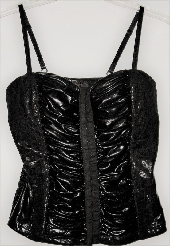 VINTAGE SEDUCTIONS BLACK FAUX LEATHER & LACE BUSTIER HOOK CLOSE FRONT – MEDIUM