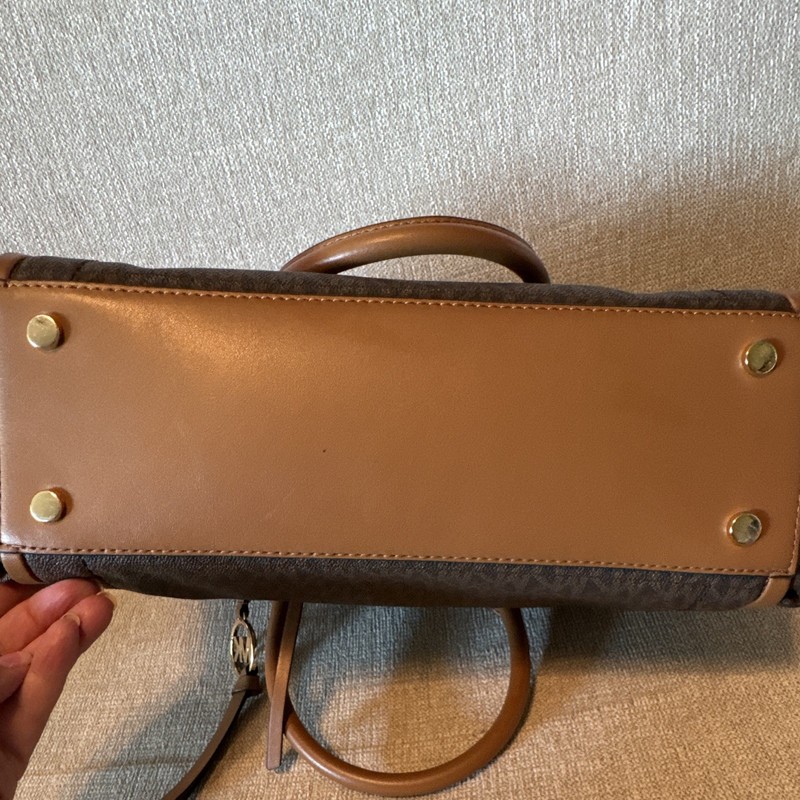 Michael Kors Carine Medium Satchel Brown Acorn Logo Gold Hardware Strap Accent gallery