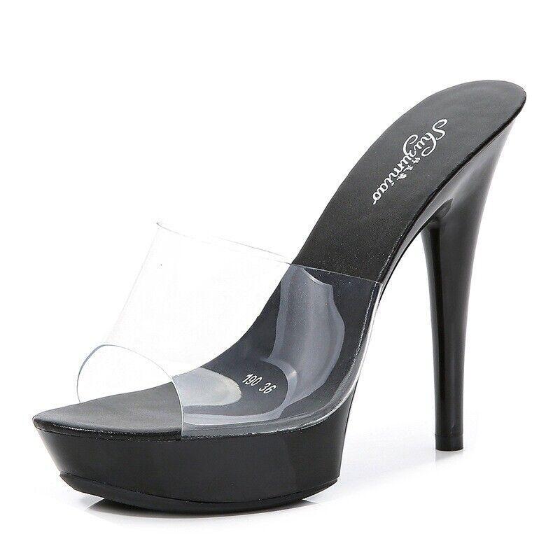 Womens PVC Clear Silpper Platform High Heels Mules Sandals Shoes Slide Plus Size